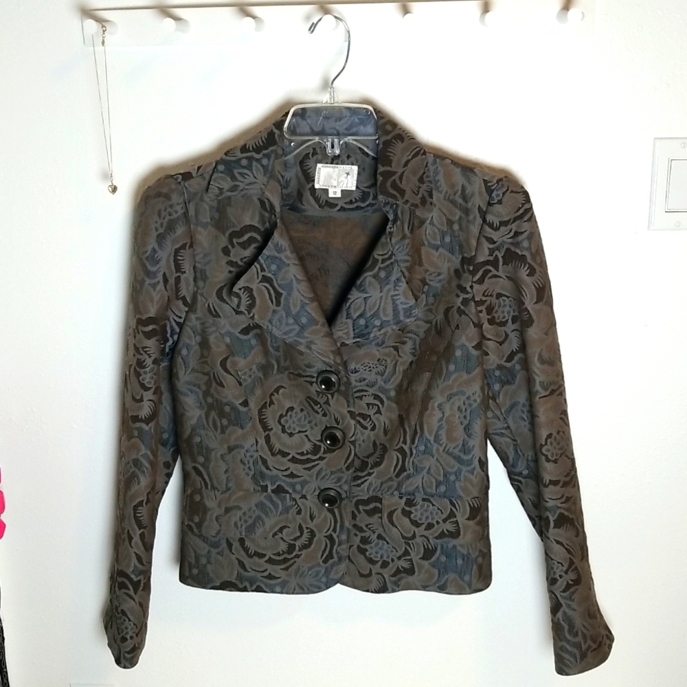 ALBERTO MAKALI Vintage Floral Tapestry Cropped Jacket Brown Blue 12